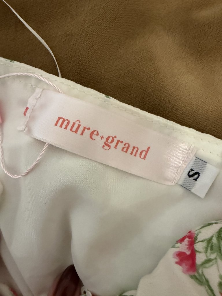 Mure + Grand Cream Pink Rose Floral Tie Strap Ruffle Tiered Mini Dress S — image 3 of 5